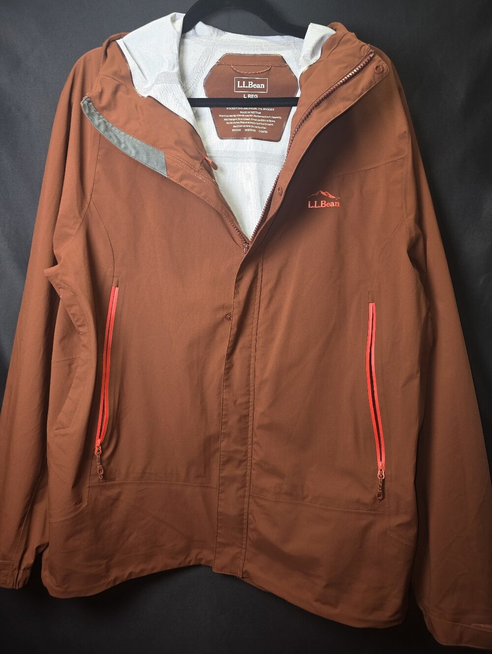 L.L. Bean Men's Brown Hooded Raincoat with Orange Zippers